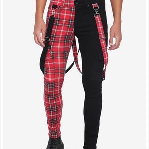 Hot topic Male spilt plaid and black jeans with overall straps Size 32x30